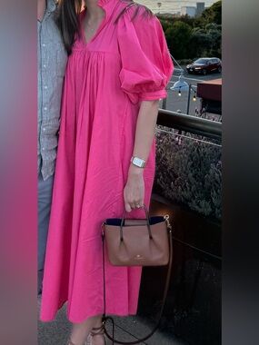 Never a Wallflower Hot Pink Midi Dress with Puff Sleeves